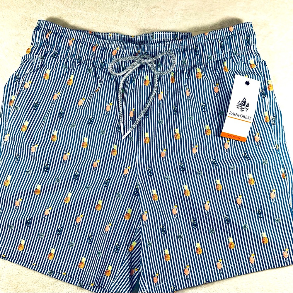 NWT RAINFOREST Men’s Blue Stripped Tropical Drink Cocktail Dry Shorts Size Large